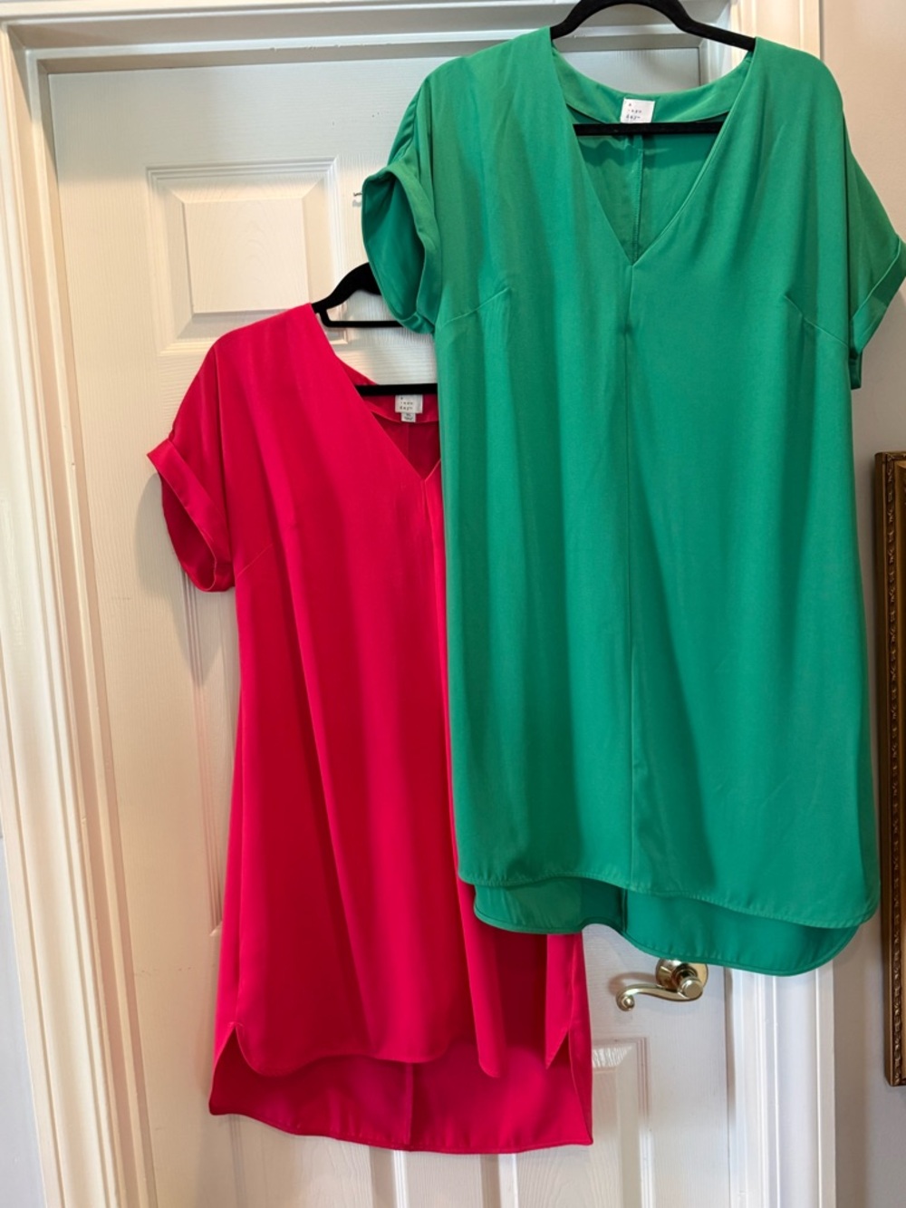 A New Day- Bright Pink  and Green V-Neck Shift Dress